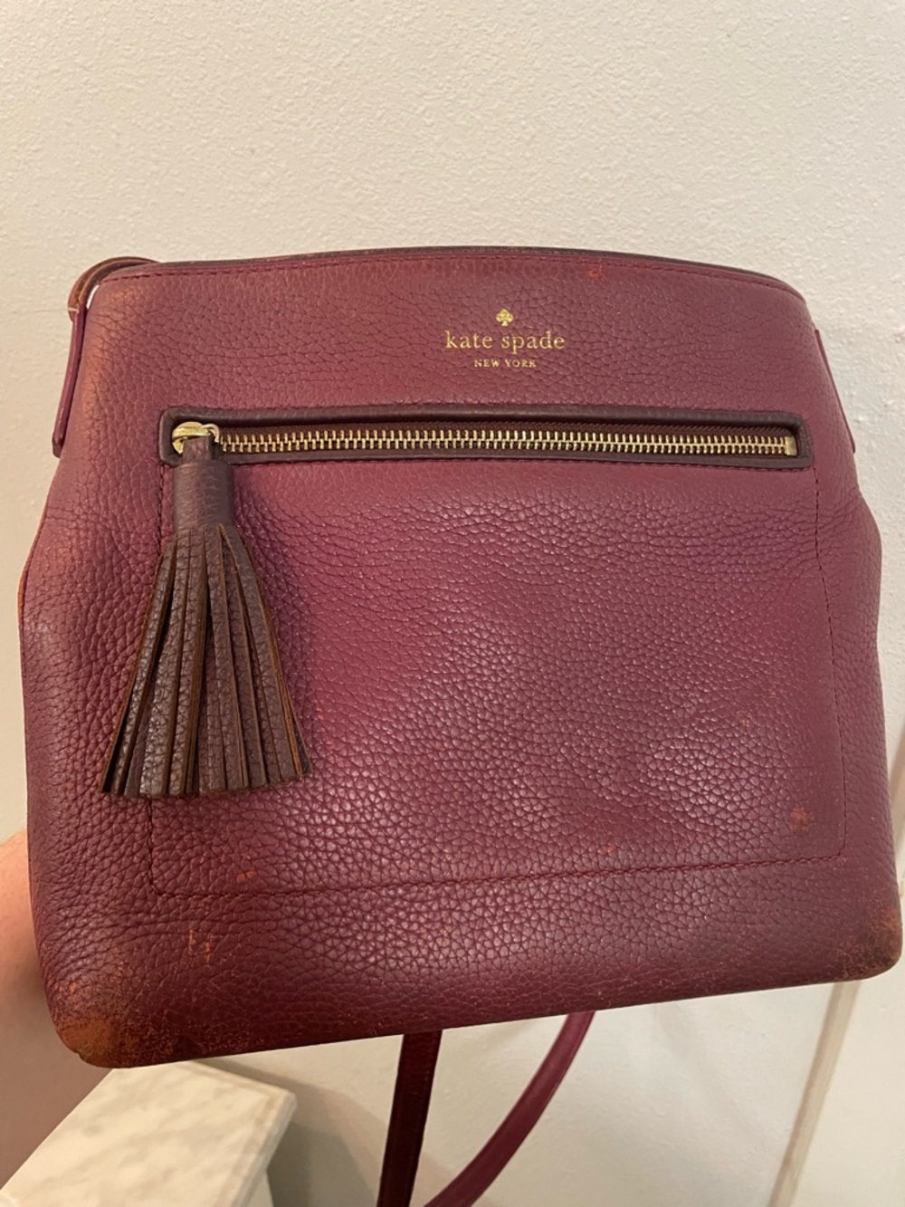 kate spade wine pebbled leather crossbody with tassel